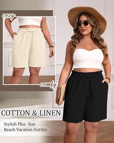 2 Pack Women's Casual Linen Shorts Bermuda Plus Size L-5xl Cotton Knee Length High Waist Summer Shorts with Pockets in Saudi Arabia
