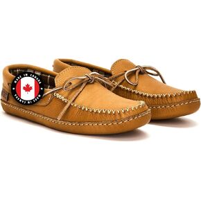 Laurentian Chief Leather Moccasins for Men – Stylish Mens Moccasin Slippers with Plaid Insole Lining, Comfortable Indoor Shoes, Single Lacing, Durable Leather Sole, Made in Canada