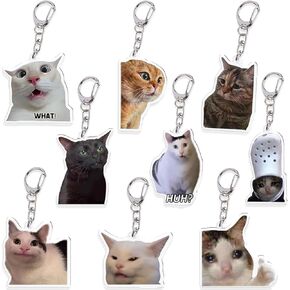 9Pcs Cat Keychain Funny Keychain Charms Cat Meme Cute Keychains Cat Lover Gifts for Backpacks Bags Keyrings Car Accessories for Adults