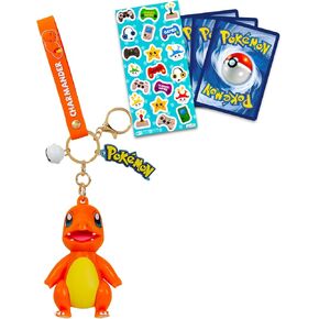 Nintendo Charmander Keychain Bundle ~ Deluxe Silicone 3D Character Figure Pokemon Keyring with Strap, Charm, and Bell Plus Pokemon Cards, More | Pokemon Charmander Key Ring for Backpack