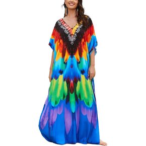 فساتين Kaftan للنساء بالإضافة إلى الحجم بدلة السباحة التستر فوق فستان شاطئ Batwing Caftan Maxi