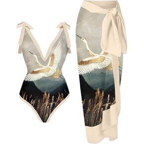 Women Yunar Retro Deep Lotting One Piece One Monokini Whole مع مجموعة Sarong 2 PCS