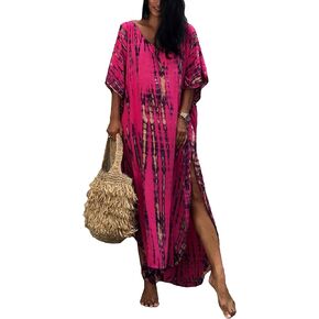 Moss Rose Women Summer Caftan Coverups Dress Kimono Beach Vacation Wear V Neck Print Maxi Boho Dress