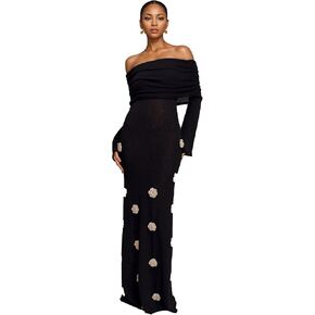 LETSVDO Women's Off The Shoulder Crochet Maxi Dress Long Sleeve Bodycon 3D Floral Knit Mesh Sweater Sexy Party Dresses