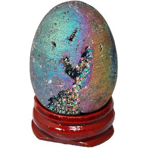 mookaitedecor Druzy Agate Geode Specimen, Rainbow Titanium Coated Quartz Crystal Egg Figurines with Wood Stand