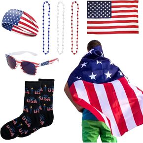 American Flag Costume Cape 4th of July USA Flag Socks Headband Patriotic Sunglasses Necklace Independence Day Patriotic Accessories
