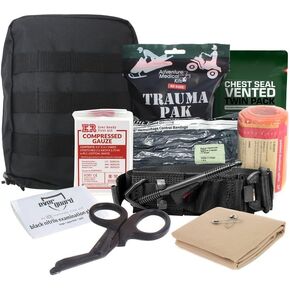 مجموعة الإسعافات الأولية لـ IFAK Trauma - Military Combat Tactical Molle - طقم مطلق النار النشط مع SOF Tourniquet ، ختم الصدر المتنفيس ، التحكم في نزيف الطوارئ - الأسود - FSA/HSA مؤهل