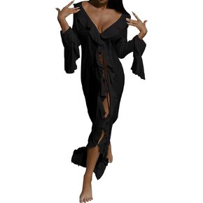 Tcremisa Women Flowy Long Beach Cover Ups Dress Bell Sleeve Sheer Mesh Chiffon Ruffle Duster Robe Kimono Dresses