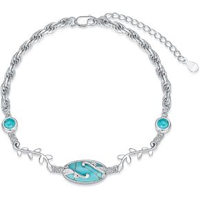 Created Turquoise Bracelet 925 Sterling Silver Green Marquise Turquoise Adjustable Rope Chain Bracelet with 7+2inch chain Jewelry for Women Gifts