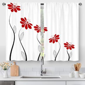 Red Flower Kitchen Curtains, Minimalist Floral Leaves Rustic Country Farmhouse Small Short Cafe Window Curtain Over Sink Bathroom Dining Room Decor Rod Pocket Window Drapes 2 Panels 45"x28" Inch