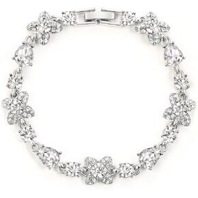 Crysdue Austrian Crystal Tennis Bracelet for Prom Party, Silver/Rose Gold Plated Teardrop Flower Wedding Jewelry Jewelry for Women Bridal Bridesmaid