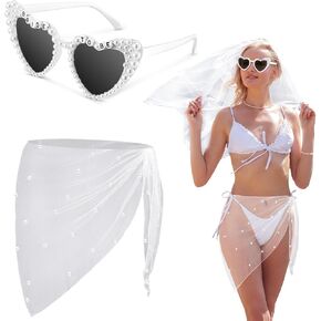 2 Pcs Bride to Be Faux Pearl Cover up Swimsuit White Bride Sunglasses for Wedding Bachelorette Party Bridal Shower Accessories