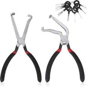 2pcs Electrical Disconnect Connector Pliers for Cars, Curved & Straight Automotive Electric Hose Pliers with 8 Terminal Removal Tool Metal Fuel Line Tools for Push Tab Style Spark Plugs