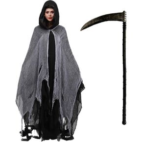 2 Pcs Grim Reaper Costume Adult Scream Costume Halloween Black Hooded Invisibility Cloak with Sickle