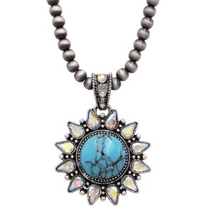 Rosemarie & Jubalee Women's Cowgirl Chic Sunflower Medallion Turquoise Blue Howlite Stone With Crystal Rhinestone Pendant On Western Navajo Pearl Strand Necklace, 16"+3" Extension