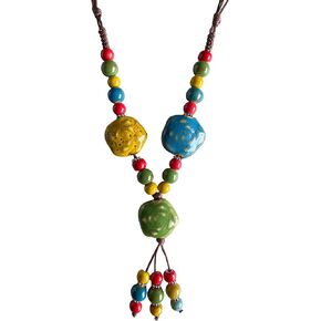 Boho Hippie Colorful Chunky Ceramic Beads Strand Necklace for Women, Vintage Bohemian O Ring Circle Charm Long Y Necklace Statement Jewelry Gift
