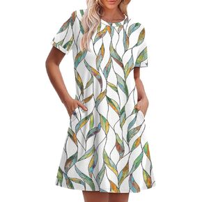 OFEEFAN الفساتين الصيفية للنساء 2025 كم قصيرة الأكمام t Shirt Dress Crewneck Sundresses الشاطئ الجيوب التستر على الجيوب