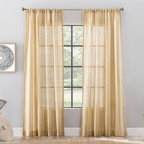 Archaeo Embroidered Stripe Linen Blend Rod Pocket Curtain, 50" x 96", Curry Yellow