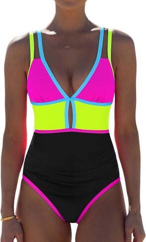 popvil Women One Piece Swimsuit 2025 Tummy Control Sexy Cutout Neon Color Block Bathing Suit Deep V Neck Adjustable Swimwear in Saudi Arabia