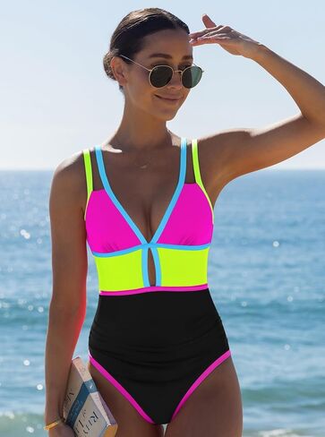 popvil Women One Piece Swimsuit 2025 Tummy Control Sexy Cutout Neon Color Block Bathing Suit Deep V Neck Adjustable Swimwear in Saudi Arabia