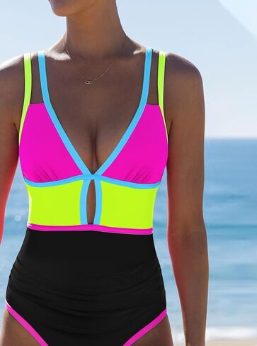 popvil Women One Piece Swimsuit 2025 Tummy Control Sexy Cutout Neon Color Block Bathing Suit Deep V Neck Adjustable Swimwear in Saudi Arabia