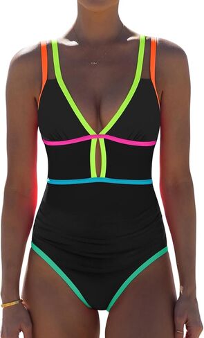 popvil Women One Piece Swimsuit 2025 Tummy Control Sexy Cutout Neon Color Block Bathing Suit Deep V Neck Adjustable Swimwear in Saudi Arabia