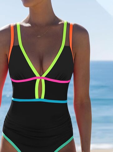 popvil Women One Piece Swimsuit 2025 Tummy Control Sexy Cutout Neon Color Block Bathing Suit Deep V Neck Adjustable Swimwear in Saudi Arabia