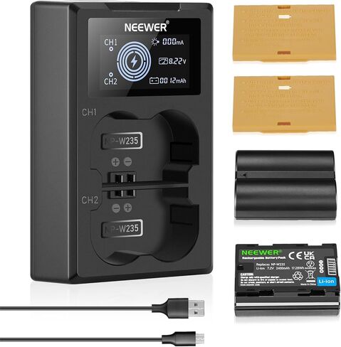 NEEWER NP-W235 Camera Battery Charger Set, Dual Slot USB Charger with LCD, 2 Pack 2400mAh Replacement Batteries Compatible with Fujifilm X-T5 X-T4 GFX 100S X-H2S GFX 50S II VG-XT4 Battery Grip in Kuwait