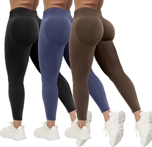 Coume 3 PCS Womens تمرين طماق بعقب رفع سلس Scrunch Yoga Pants البطن لباس ضيق وسط الخصر in Kuwait
