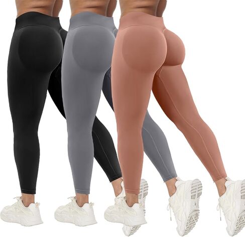 Coume 3 PCS Womens تمرين طماق بعقب رفع سلس Scrunch Yoga Pants البطن لباس ضيق وسط الخصر in Kuwait