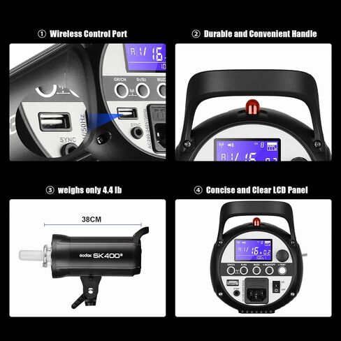 Godox SK400II 400Ws Photo Studio Strobe Flash Monolight Light with Bowens Mount &Lamp Head,150W Modeling Lamp for Studio,Shooting,Location and Portrait Photography-110V in Kuwait