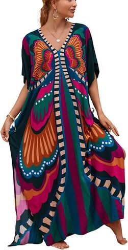 فساتين Kaftan للنساء بالإضافة إلى الحجم بدلة السباحة التستر فوق فستان شاطئ Batwing Caftan Maxi in Kuwait