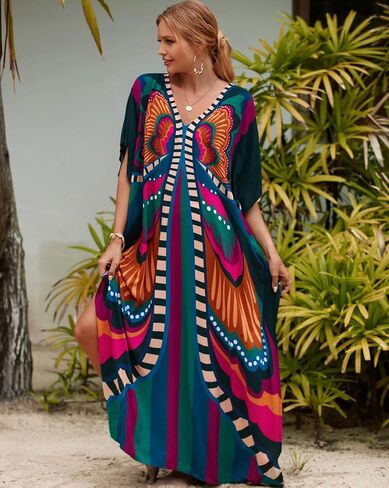 فساتين Kaftan للنساء بالإضافة إلى الحجم بدلة السباحة التستر فوق فستان شاطئ Batwing Caftan Maxi in Kuwait
