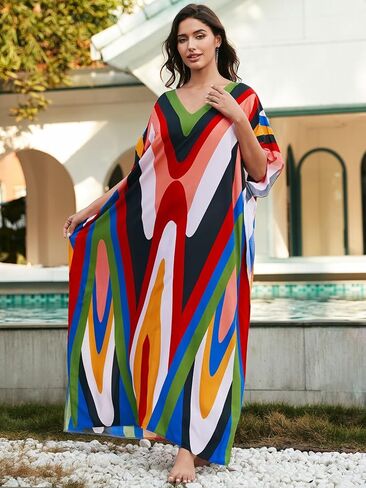 فساتين Kaftan للنساء بالإضافة إلى الحجم بدلة السباحة التستر فوق فستان شاطئ Batwing Caftan Maxi in Kuwait