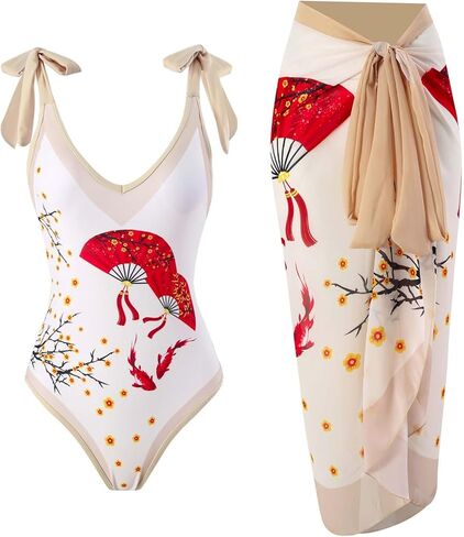 Women Yunar Retro Deep Lotting One Piece One Monokini Whole مع مجموعة Sarong 2 PCS in Saudi Arabia