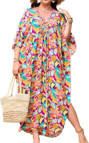 Women's Plus Size Tropical Kaftan Dress V-Neck Beach Cover Up for Swimsuit, Hawaiian Vacation Caftan Dress in Saudi Arabia