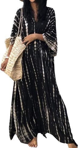 Moss Rose Women Summer Caftan Coverups Dress Kimono Beach Vacation Wear V Neck Print Maxi Boho Dress in Kuwait