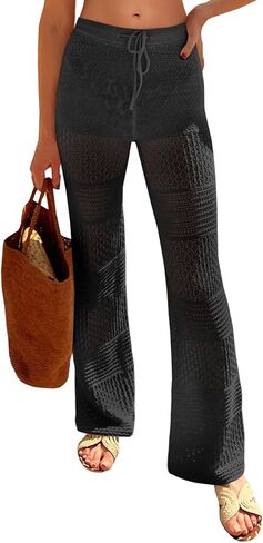 Saodimallsu Womens Beach Cover Up Pants Boho Crochet Knit High Waist Drawstring Sheer Hollow Swim Pant Swimwear in Saudi Arabia