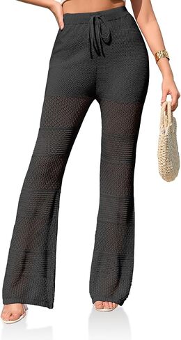 Saodimallsu Womens Beach Cover Up Pants Boho Crochet Knit High Waist Drawstring Sheer Hollow Swim Pant Swimwear in Saudi Arabia