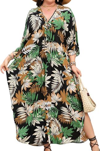 Women's Plus Size Tropical Kaftan Dress V-Neck Beach Cover Up for Swimsuit, Hawaiian Vacation Caftan Dress in Saudi Arabia
