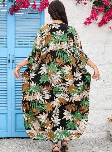 Women's Plus Size Tropical Kaftan Dress V-Neck Beach Cover Up for Swimsuit, Hawaiian Vacation Caftan Dress in Saudi Arabia