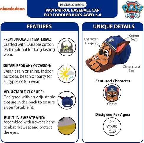 Nickelodeon Baseball Cap, Paw Patrol Marshall Adjustable Toddler Boy Hats for Kids, Blue-Chase, Ages 2-4 and Ages 4-7 in Saudi Arabia