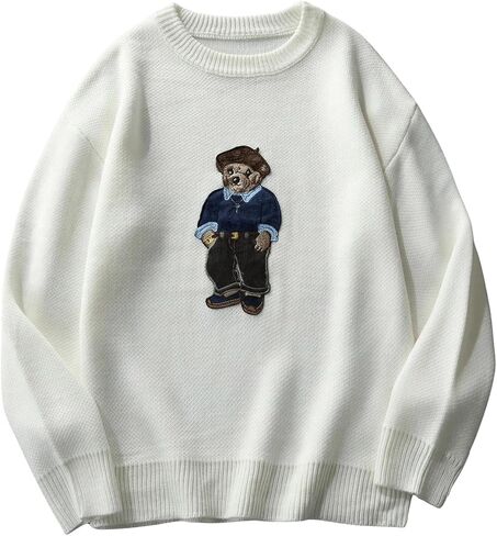 Men's Bear Embroidered Fall Sweater Casual Long Sleeve Crew Neck Pullover Sweaters in Saudi Arabia