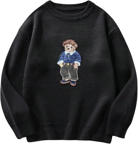 Men's Bear Embroidered Fall Sweater Casual Long Sleeve Crew Neck Pullover Sweaters in Saudi Arabia