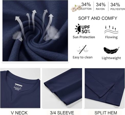 yucolen 3/4 قمم الأكمام للنساء Henley T Shirts v Neck Tunic Blouses غير الرسمية Tees S-XXL in Kuwait