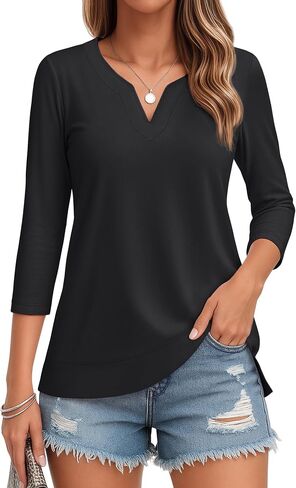 yucolen 3/4 قمم الأكمام للنساء Henley T Shirts v Neck Tunic Blouses غير الرسمية Tees S-XXL in Saudi Arabia