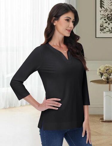yucolen 3/4 قمم الأكمام للنساء Henley T Shirts v Neck Tunic Blouses غير الرسمية Tees S-XXL in Saudi Arabia