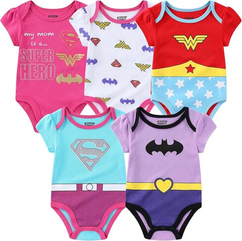 WARNER BROS DC Comics Girls’ Short Sleeve Bodysuit 5 Pack for Newborn and Infant – Purple/Pink/White/Blue/Red in Saudi Arabia
