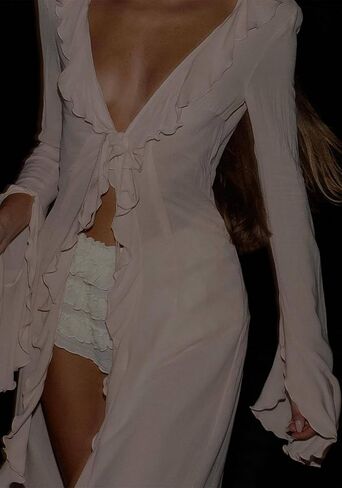 Tcremisa Women Flowy Long Beach Cover Ups Dress Bell Sleeve Sheer Mesh Chiffon Ruffle Duster Robe Kimono Dresses in Saudi Arabia