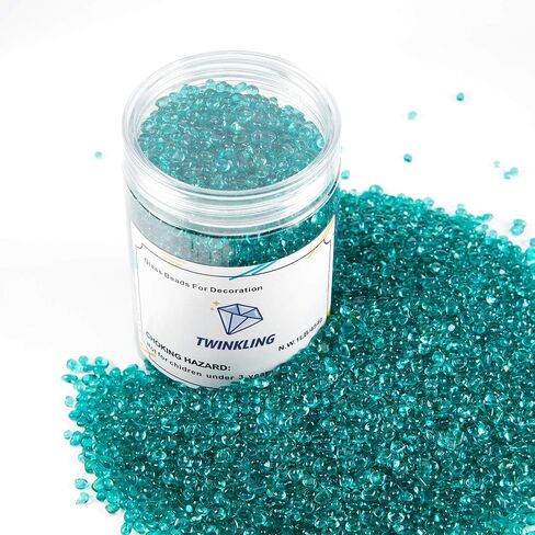 TWINKLING High Luster Round Glass Stones, Marbles, Pebbles, Beads - Fire Pit Vase Fill Crafts Aquarium Garden Decor, 3-6mm, 1-Pound Jar (Turquoise) in Saudi Arabia